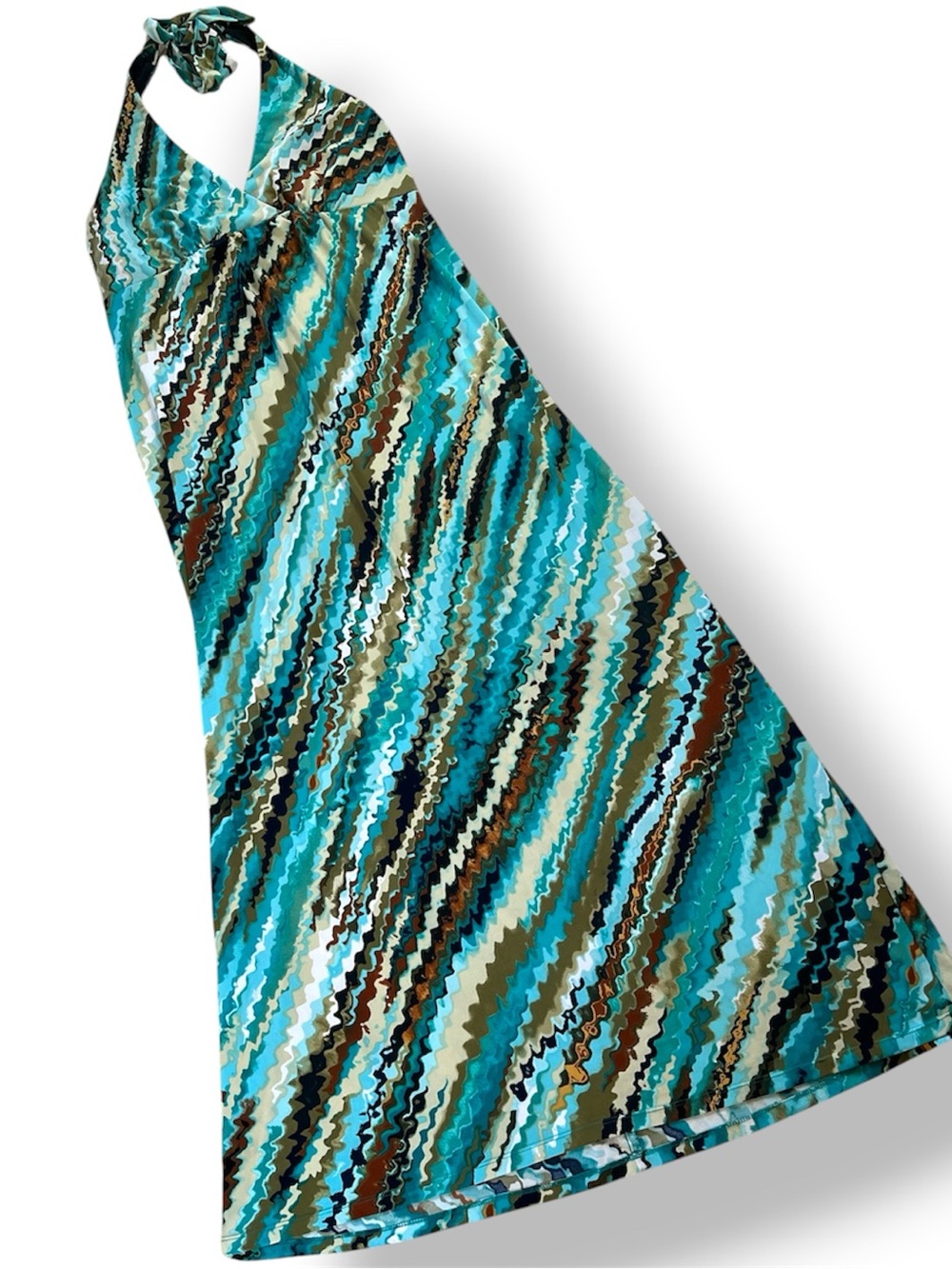 Connected Apparel Halter Maxi Dress in Turquoise, Teal,and Brown Wave Print.